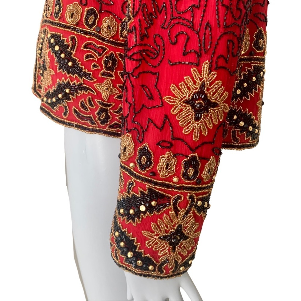 Adrianna Papell Boutique Evening Jacket Vintage 90’s Silk Beaded Red Gold 12 - Picture 9 of 16